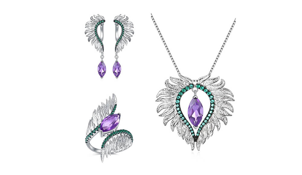 Birth Stone Natural Amethyst Vintage Angel Wing Design Silver Pendants 6