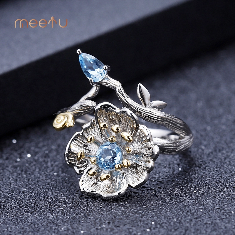 Flower Shape Swiss Blue Topaz Natural Style 925 Silver Rings Online 1