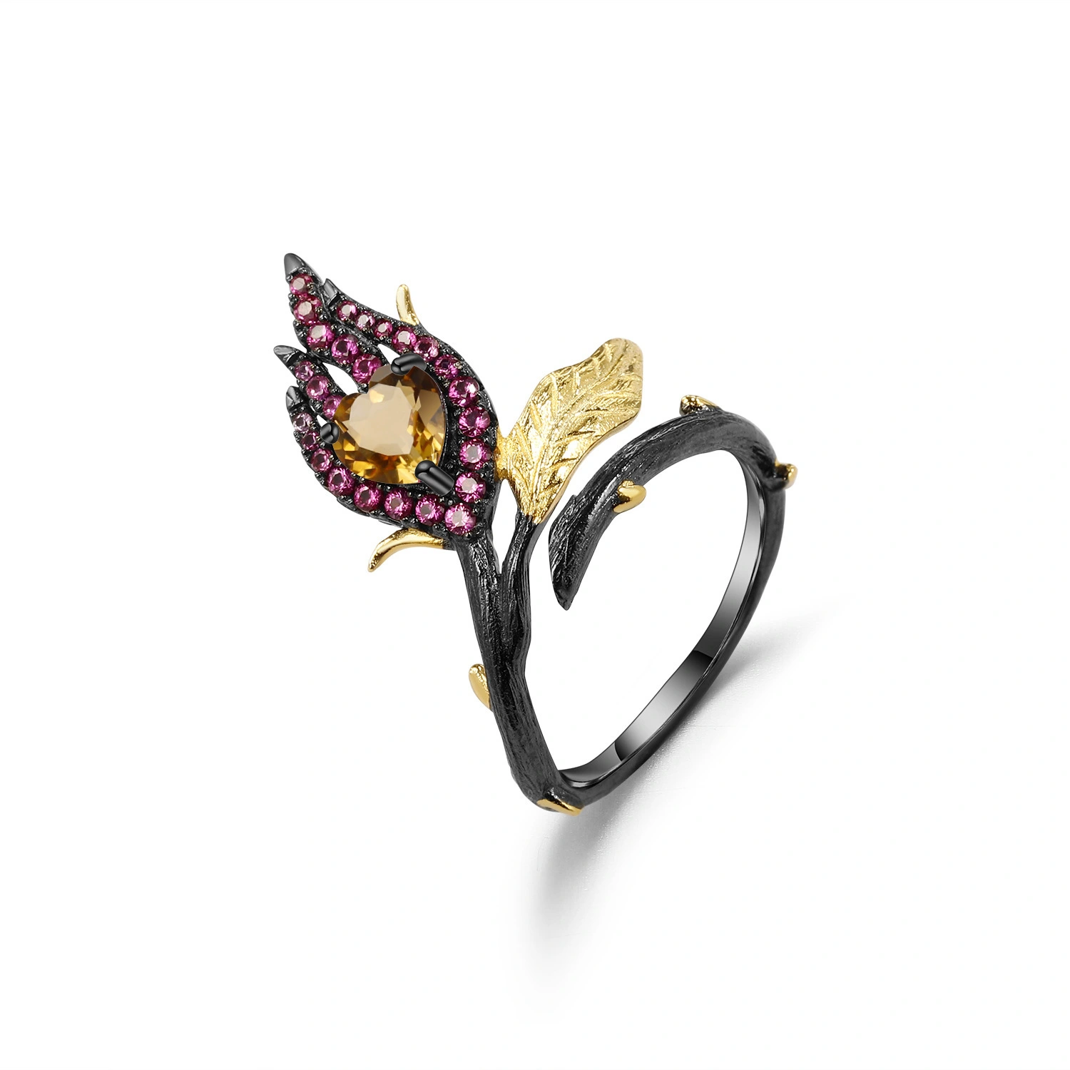 Adjustable Designer Floral Ring with Natural Yellow Crystal - Premium S925 Silver, Exuding Natural Charm 1