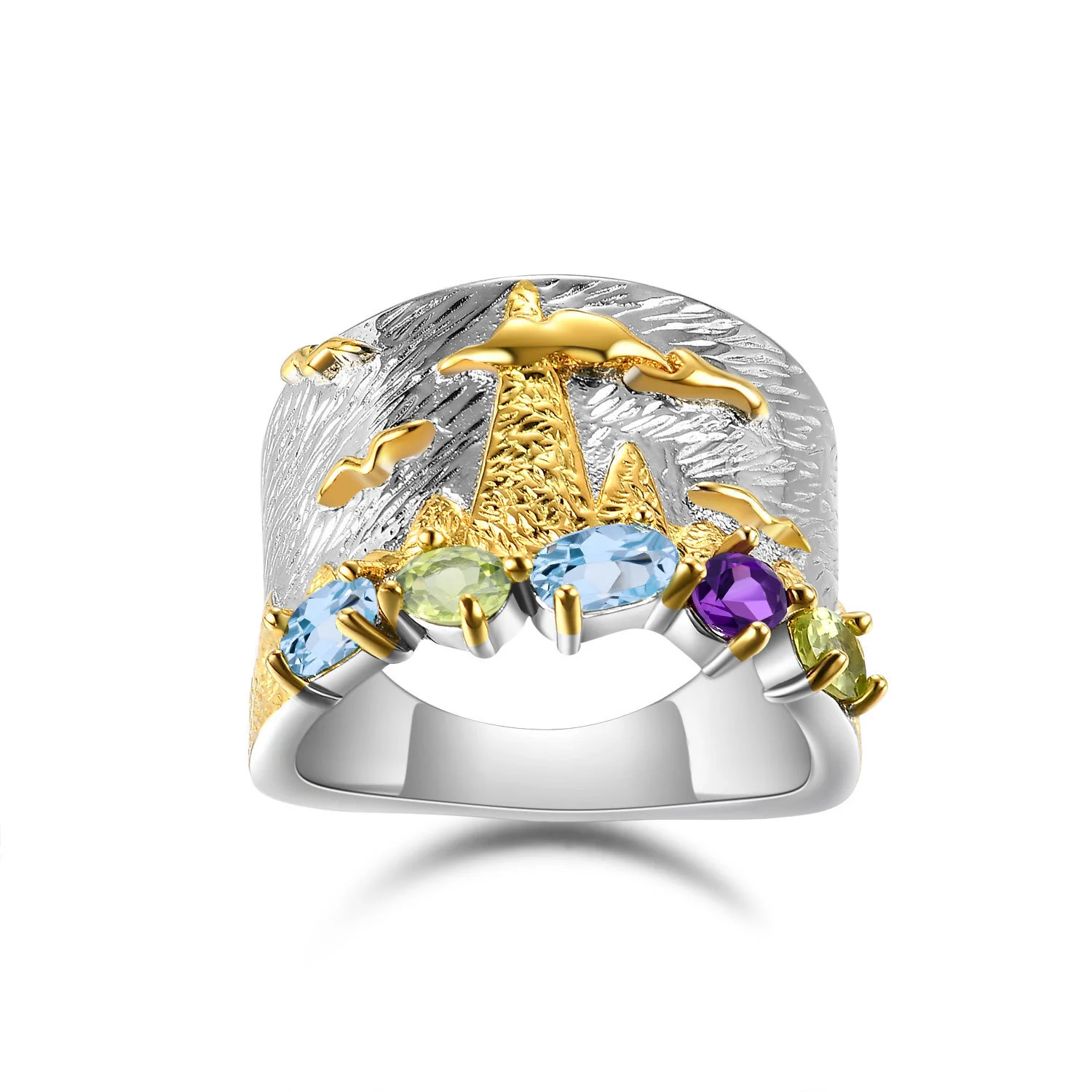 Designer natural colored gemstone ring Italian craftsmanship haute sense of jewelry s925 silver inlaid gemstone ring 1