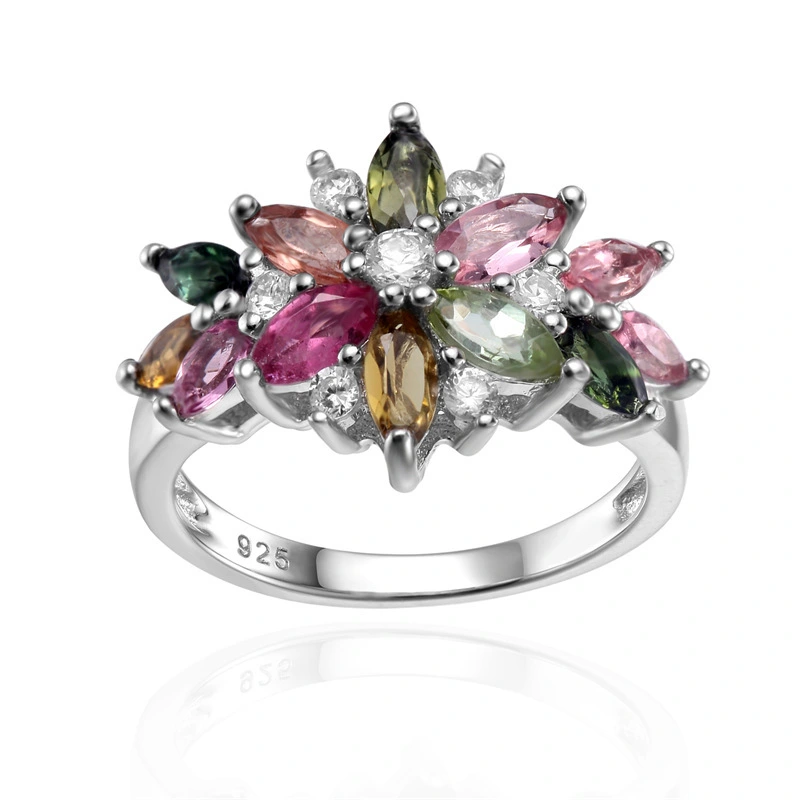 Luxury Fashion Natural Gemstone Ring Women Premium Sense Design s925 Sterling Silver Cluster Set Natural Tourmaline Ring 1